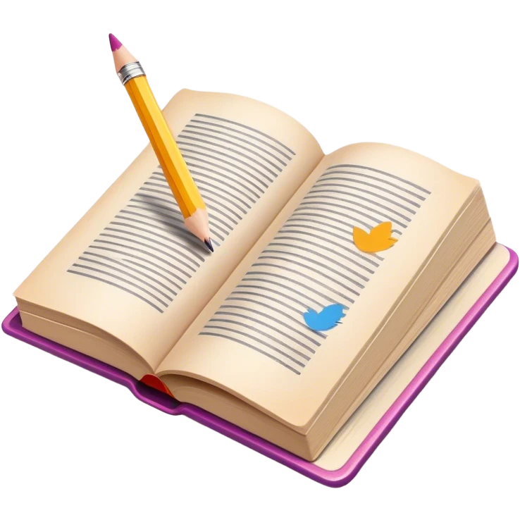 Illustration drawing icon, pencil or brush strokes, colorful design elements, character or scene being drawn in an open book, book pages with visible artwork, minimalistic style, clean composition, transparent background. emoji
