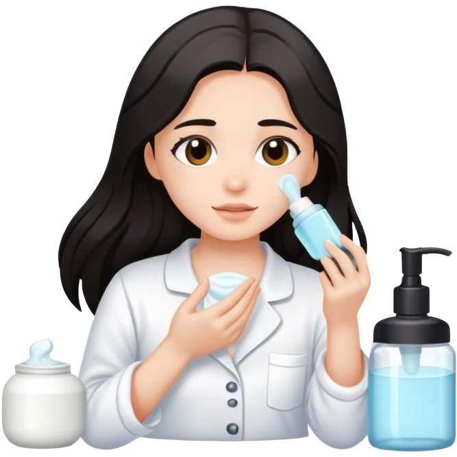 Girl with dark long hair doing skincare in a white Pyjama emoji
