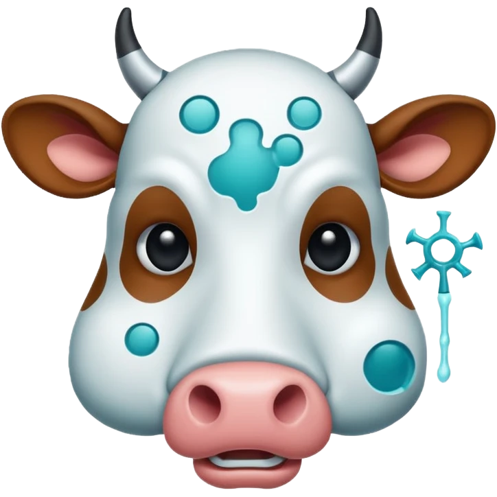 Flat emoji-style icon of a cow head with a virus symbol overlay, showing image-based disease detection. Bold outlines, minimal details, modern vector look, rounded shapes, high contrast, teal and blue accents, no text, transparent background. emoji