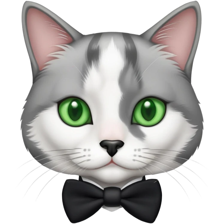 Gray and white  tuxedo cat medium hair with a a black nose and green eyes emoji