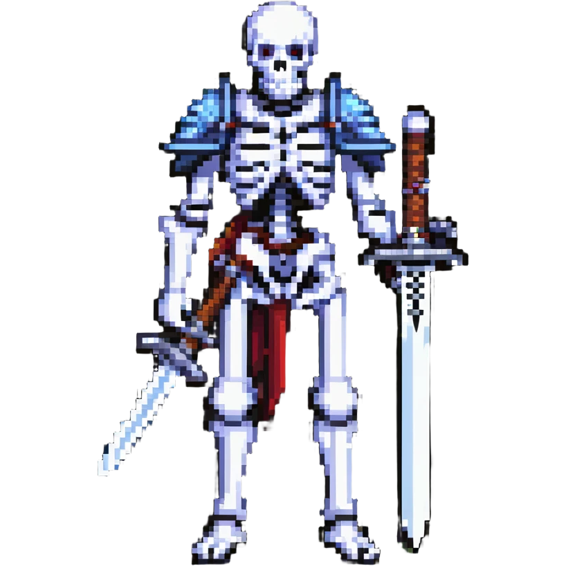 pixel art skeleton warrior, sword in hand, menacing pose emoji