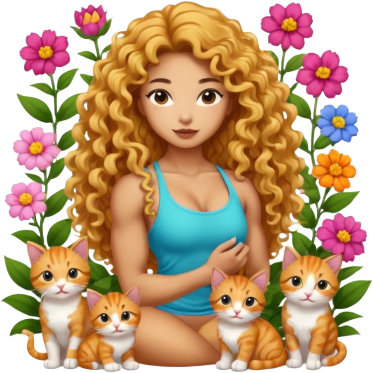 sexy and muscled tanned asian girl who loves cats, long golden curly hair, full body, many different cats nd kittens, surrounded by flowers and cats emoji
