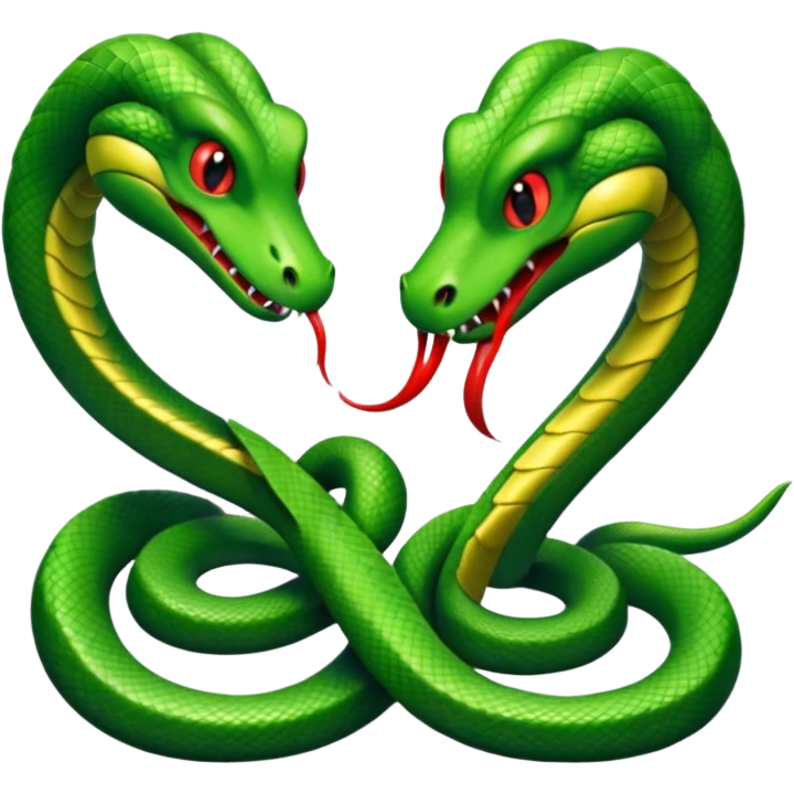 Two angry looking green snakes, tangled up at their tails, facing each other, hissing  emoji