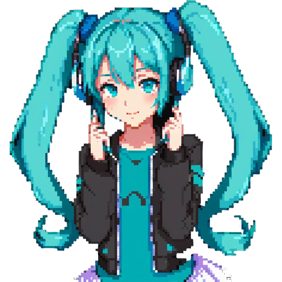 Hatsune Miku with teal twin tails, headphones, and signature outfit emoji