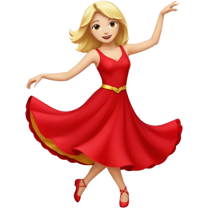 a yellow-blonde woman dancing wearing a red dress, in flat emoji / Apple style, smooth shapes, glossy highlights, bright saturated colors, simple features, minimal details, no outlines, red clothes flowing, joyful pose
 emoji