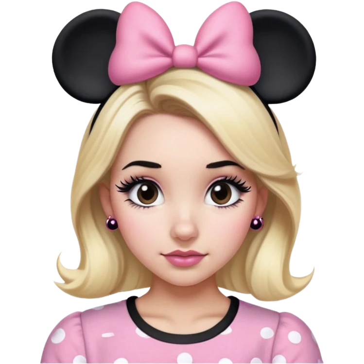 Woman with blonde hair, brown eyes, brown eyebrows, blush cheeks with pink and black Minnie mouse ears with pink and black Minnie mouse shirt with long black eyelashes emoji