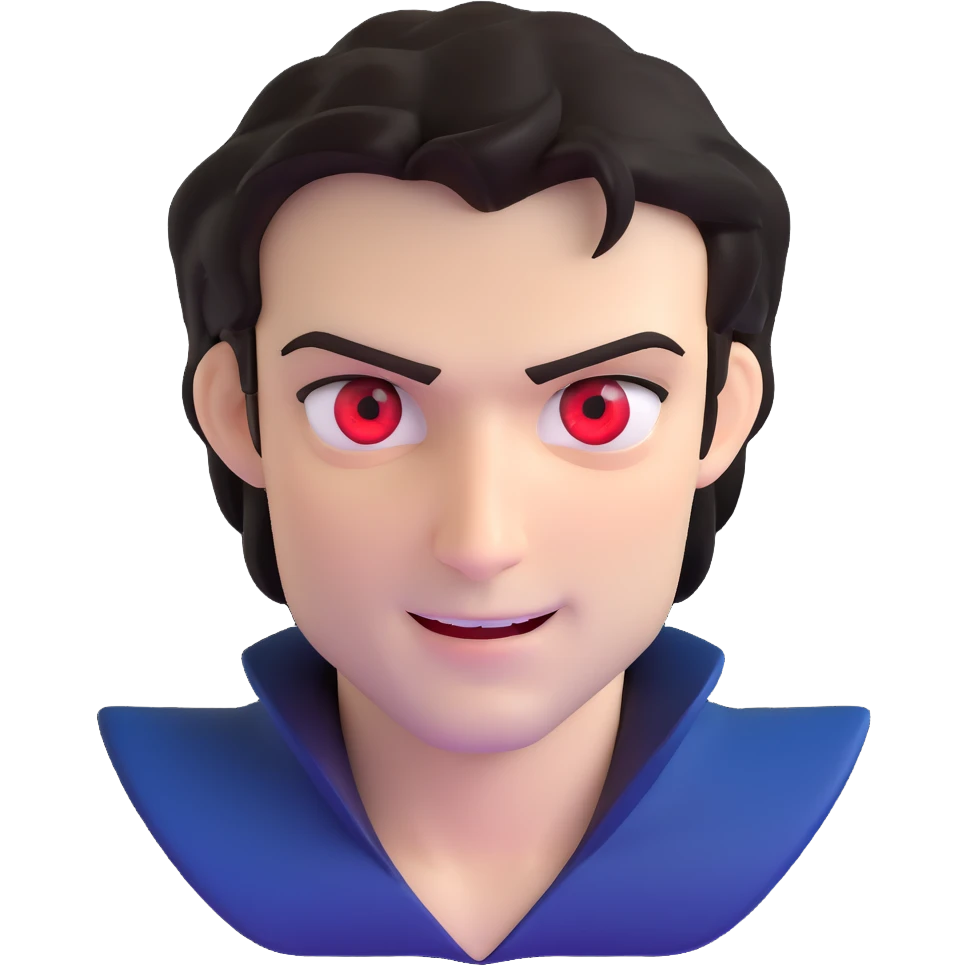 Damon Salvatore as a vampire with dark hair, blue eyes, fangs, mischievous expression, red eyes glowing slightly emoji