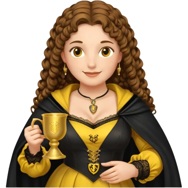 Helga Hufflepuff, brown-haired, 2 curly thick brown braids, yellow-black medieval dress, black cloak decorated with gold lace, tiny two-handled shiny yellow-gold cup, very kind smile, curvy busty sweet woman, thick rosy cheeks emoji