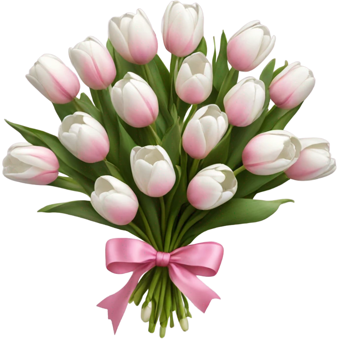 bouquet of white tulips and some pink tulips with a bow around it emoji