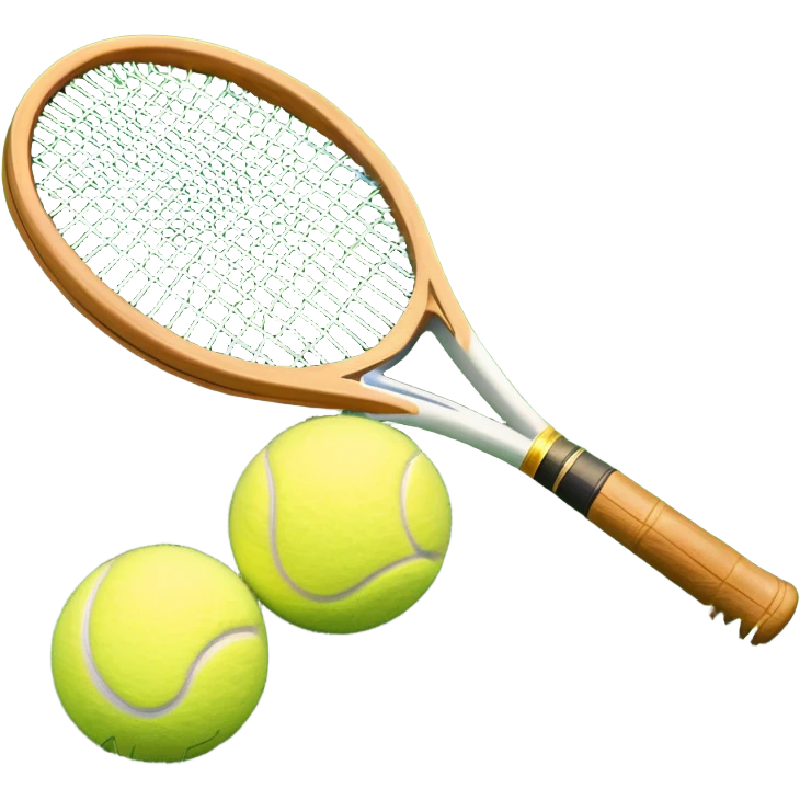 A detailed tennis racket resting on lush green grass beside a bright yellow tennis ball. The scene captures the essence of classic lawn tennis, with a crisp and clean background emphasizing the elegance and tradition of the sport emoji