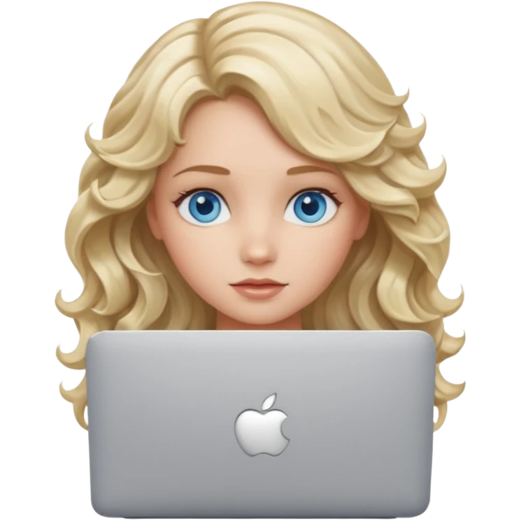 blond girl, blue eyes, hair wavy, , behind her silver colored laptop from apple emoji