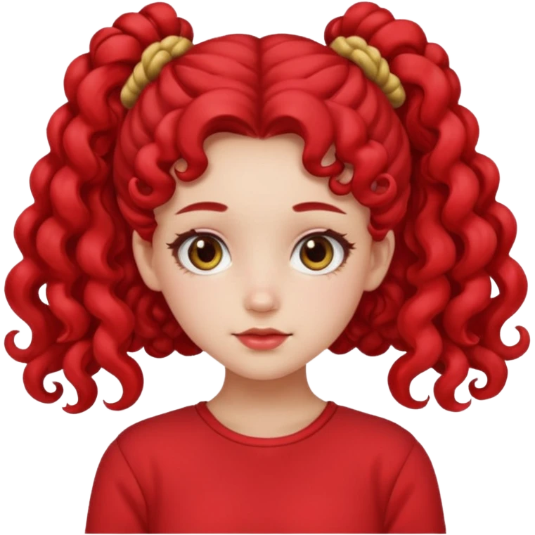 Give her long curly hair with two space buns up and red clothes emoji