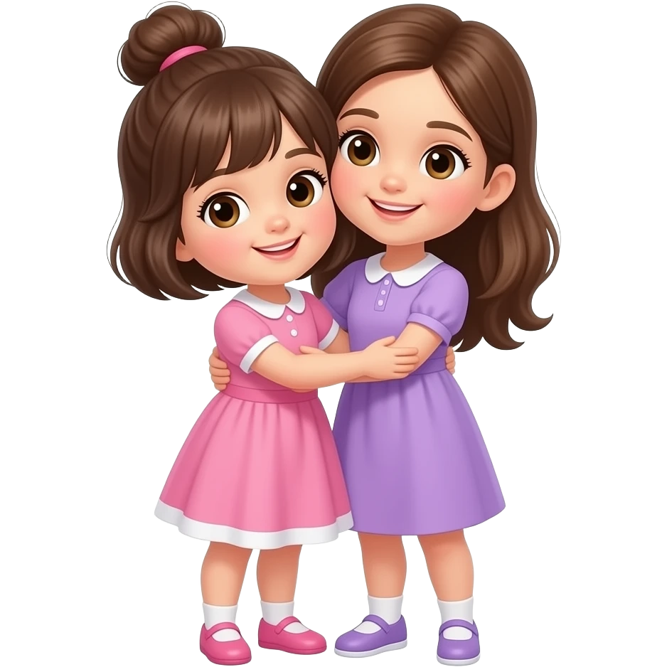 Niña de 1 año y 8 meses, de cuerpo completo, ojos cafés claros con cabello castaño, vestido rosa con blanco y cabello corto recogido en un chongo. Otra niña de 5 años con vestido lila, cabello castaño y ojos café claro, de cuerpo completo, ambas abrazadas. emoji