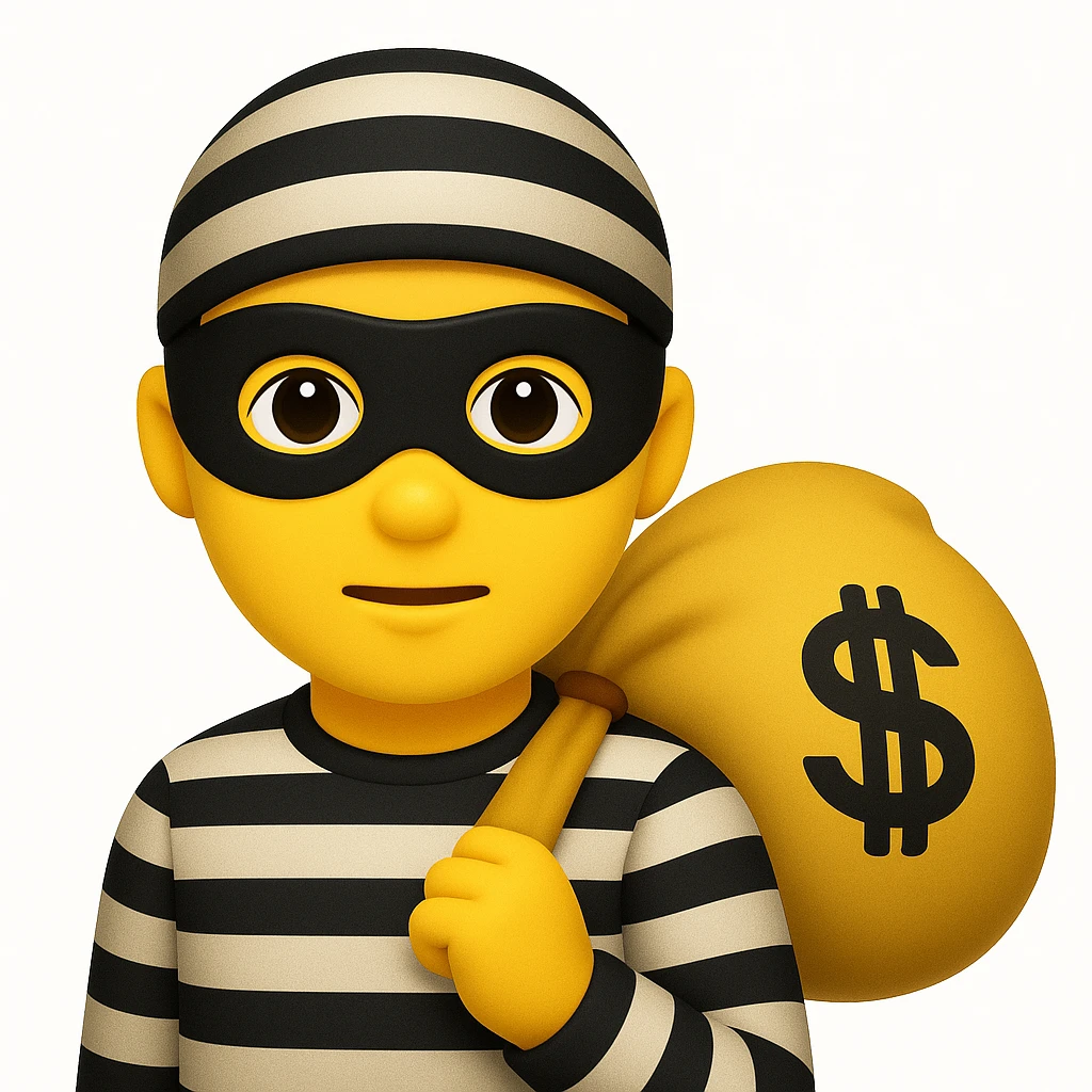 A thief with a bag of money on his back, wearing a striped suit and a black eye mask, emoji style, make it look like apple emoji emoji