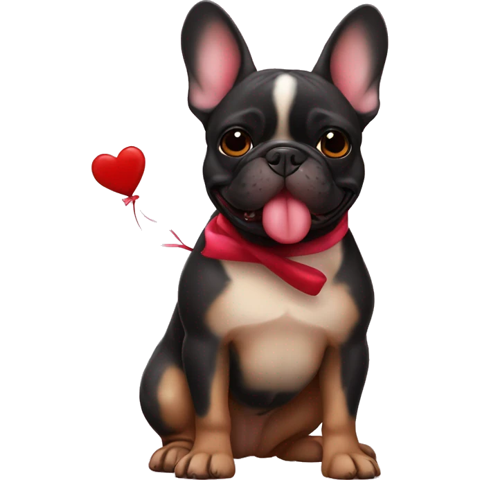 Black and tan colored French bulldog holding Valentine in mouth emoji