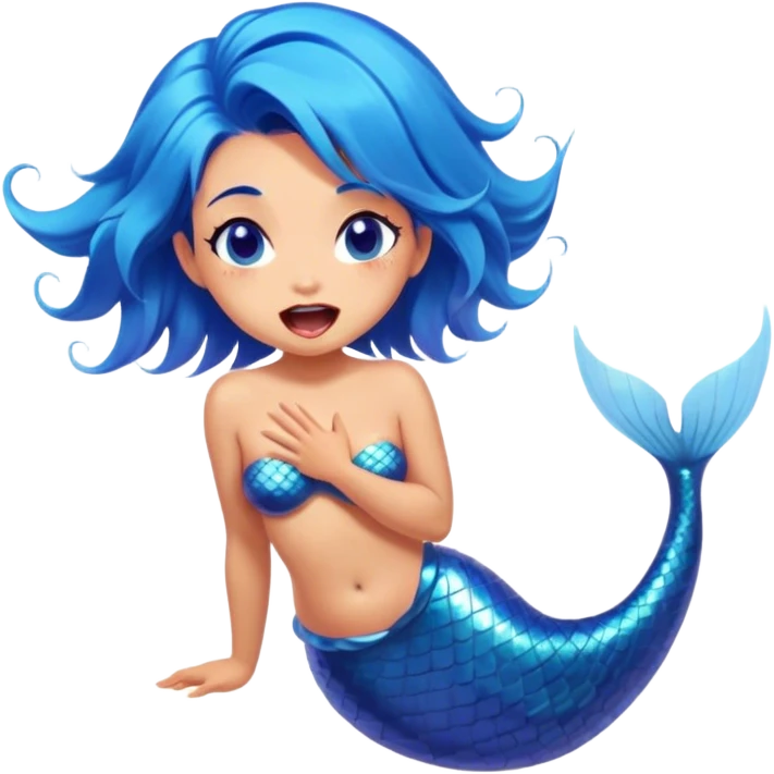 Cinematic Realistic Blue Hair Mermaid Portrait, head tilted slightly with a dramatic, wide-open yawn, revealing a tender, relaxed visage with intricately detailed, tanned skin and vibrant, cascading blue hair softly billowing around her. Her dreamy eyes exude a serene, aquatic charm, rendered with gentle underwater lighting and a soft, high-shine finish that captures the essence of a drowsy yet captivating mermaid drifting into tropical slumber. emoji