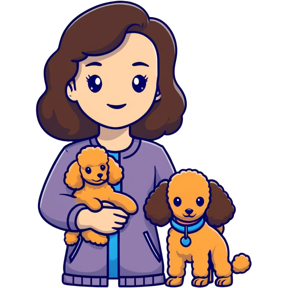 woman with long dark brown hair holding a poodle emoji
