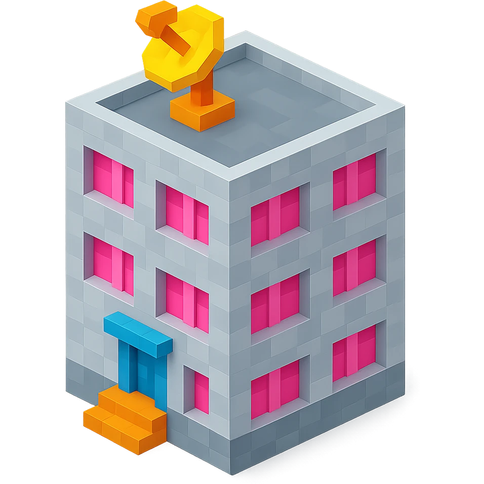 Russian panel apartment building, compact square block, light gray, pink windows, entrance with steps, satellite dish on rooftop, isometric view emoji