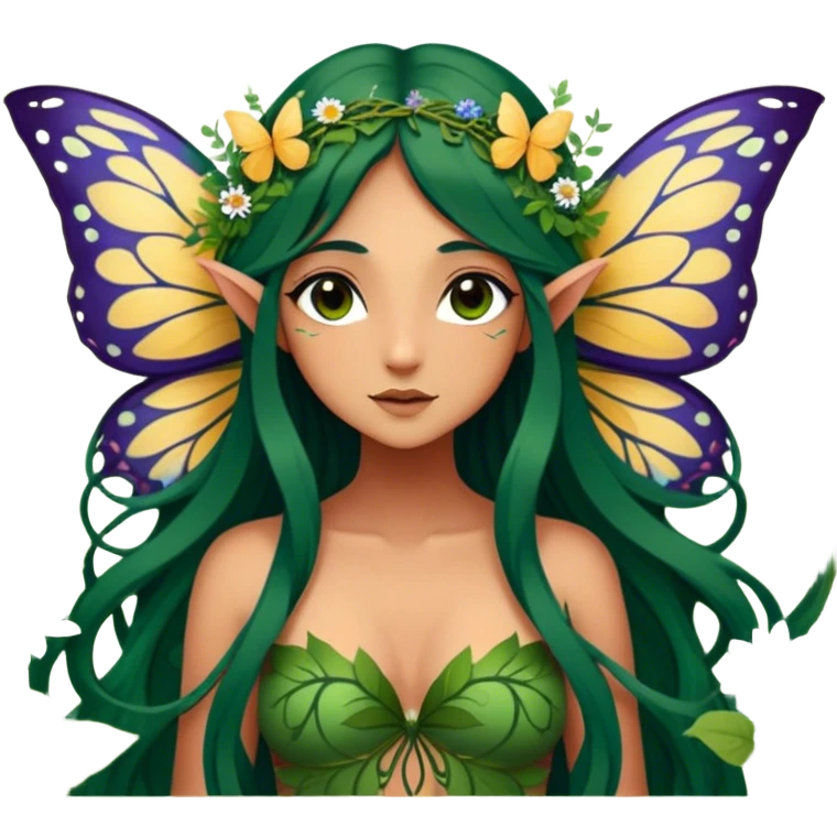 Cinematic Realistic Forest Nymph Fairy Portrait, depicted with lifelike, sun-kissed tanned skin that radiates an earthy glow, softly illuminated by natural, dappled light. Her long, flowing dark green hair is intricately detailed and interwoven with delicate vines and wildflowers, while her deep, soulful eyes mirror the wisdom of the forest. Dressed in an attire inspired by nature’s palette—with subtle botanical motifs—the portrait exudes a soft, enchanted glow that melds realism with woodland magic showing her large butterfly wings from her back. emoji
