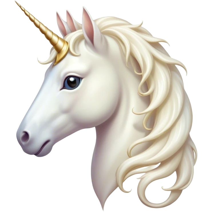 Cinematic Noble White Unicorn Portrait Emoji, Poised and regal, with a slender, ethereal form draped in a pristine white color, a flowing mane and tail, and a glistening, spiraled horn that radiates pure light, Simplified yet sharp and sophisticated features, highly detailed, glowing with a soft, iridescent luminescence, high shine, intelligent and transcendent, stylized with an air of mythical enchantment, focused and serene, soft glowing outline, capturing the essence of a watchful and confident white unicorn that appears ready to prance out of the screen with magical grace! emoji