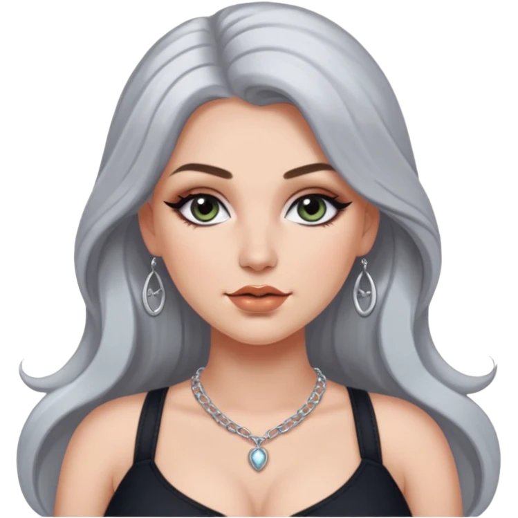long hair. white thot voluptous chest and gen z makeup simple silver accessories. big topless hanging chest. smug detailed face. emoji