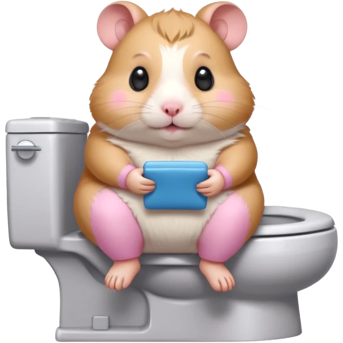 Cute chubby cartoon-style hamster sitting on toilet, sticker-style illustration emoji