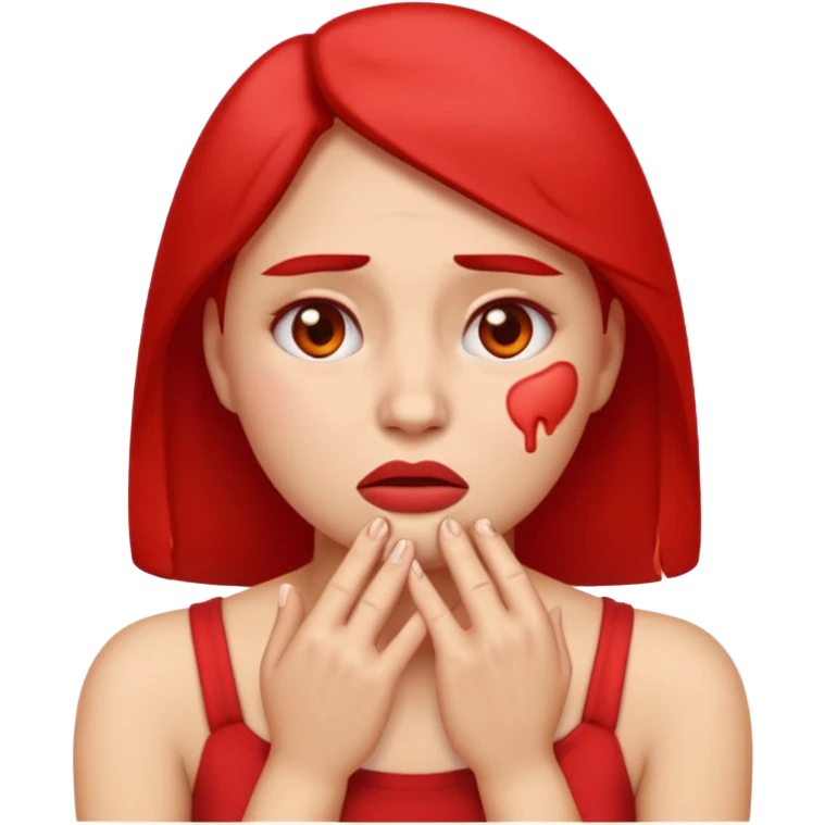 woman emoji with pained expression, cheeks and neck visibly red and irritated, hands touching face as if feeling burn after shaving emoji