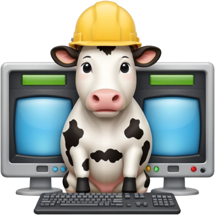 cow with a hard hat looking at several mainframe computers emoji