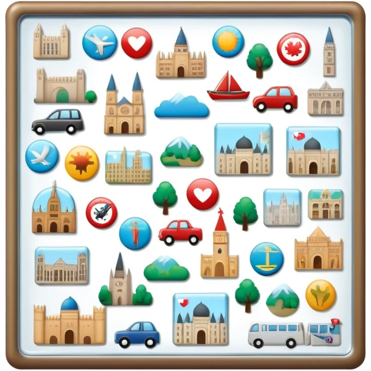 Icon for Magnet Collecting: a magnetic board on a wall displaying a collection of various magnets from different places, featuring cities, animals, and symbols. The icon should evoke the joy and uniqueness of a diverse magnet collection. Transparent background. emoji