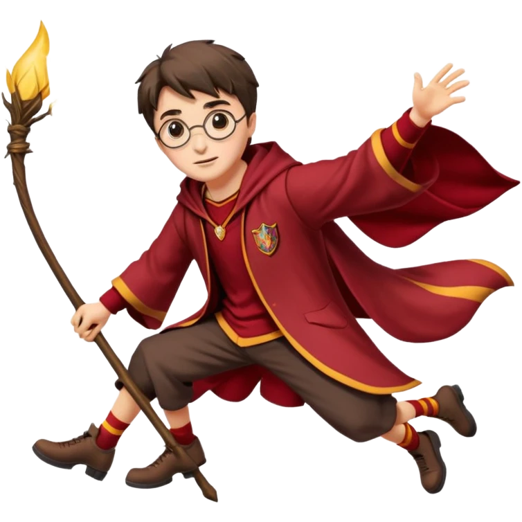 Cartoon-style illustration of Harry Potter flying on a broomstick, Gryffindor red and gold outfit, expressive face, dynamic motion, magical vibe, smooth shading, vibrant colors, no background, transparent background, isolated character. emoji