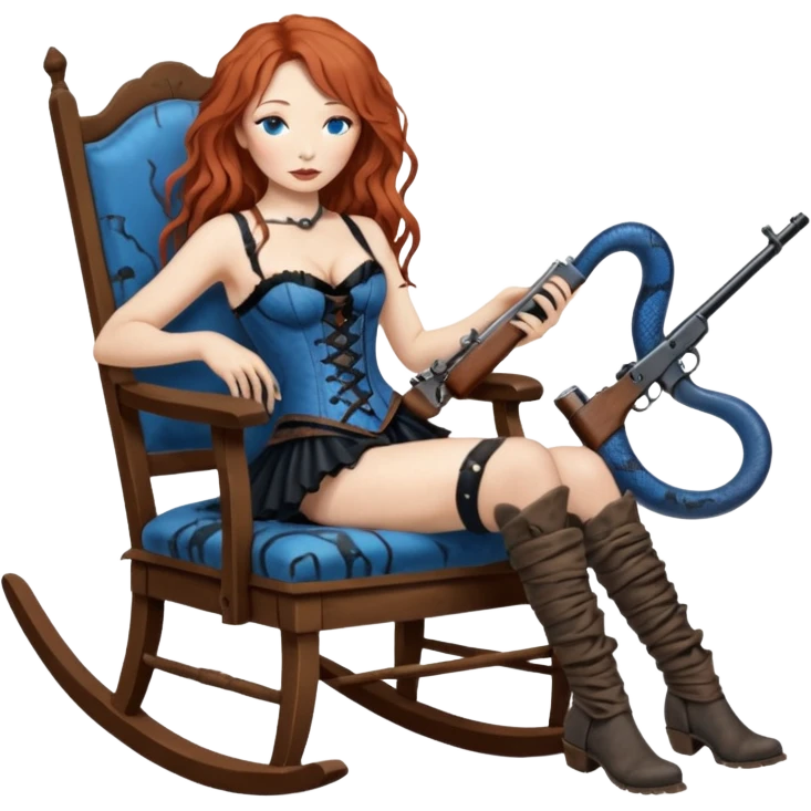 realistic cinematic Tori Amos sits on a rocking chair in a torn corset, holding an antique rifle and her bare feet are muddy. A blue snake is wrapped around the chair. emoji