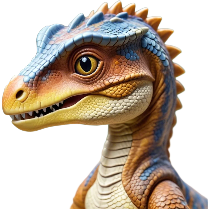 Cinematic Realistic Cute velociraptor/T-rex Portrait Emoji, Head tilted playfully and inquisitively, featuring a compact, slightly rounded build with intricately detailed, textured scales in natural hues and a surprisingly endearing face with bright, curious eyes, rendered with lifelike clarity and warm natural light, high shine, affectionate and quirky, styled with a touch of prehistoric whimsy, soft glowing outline, capturing the essence of a mischievous yet lovable velociraptor/T-rex that seems poised to stomp playfully into your arms! emoji