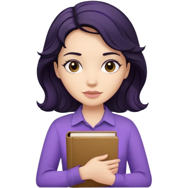 Long Hair Women with Black wavy hair, with purple Book, beige shir, without background emoji