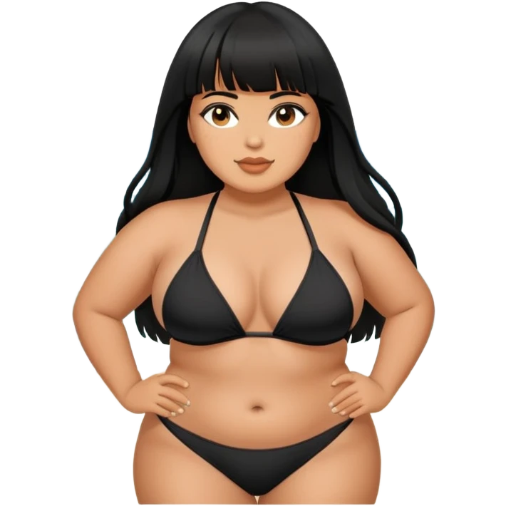 Plus size Latina female with bangs black long hair in the beach with black bikini emoji