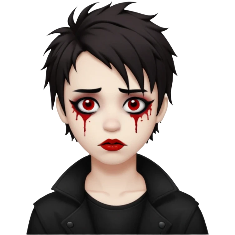 Laughing pale Goth boy with a bunch of face piercings, with shaggy dark brown hair, and messy black eyeliner , smudged, red, lipstick  emoji