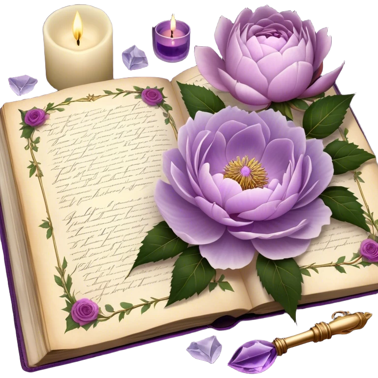 An antique botanical journal with golden-edged pages, filled with meticulously pressed lilac roses, ice violet peonies, and amethyst dahlias, lies open beneath the soft glow of candlelight, its delicate illustrations and handwritten notes whispering stories of forgotten gardens as a pearl butterfly gently perches on its weathered cover. emoji