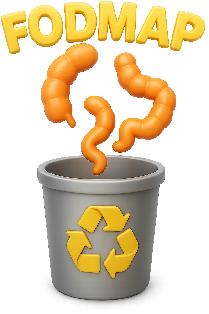 scritte "FODMAP" e pezzi di colon cadono in un secchio della spazzura con simbolo "recycle" sopra, stile emoji iphone, iperrealistico 4k emoji