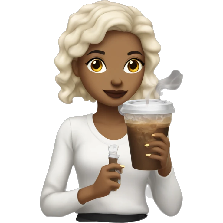 light skin girl with dark hair smoking and holding an iced coffee emoji