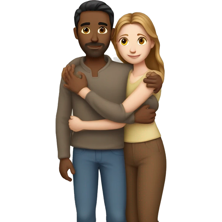 Couple hug, white woman with brown hair and Indian man with fair skin emoji