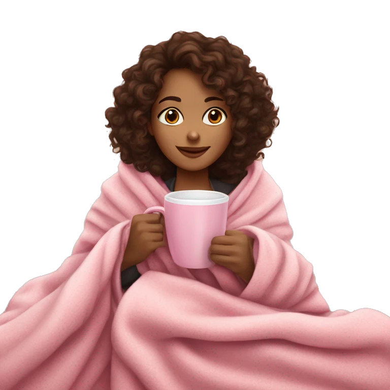 Brunette girl with curly hair in a cozy pink blanket while drinking coffee emoji