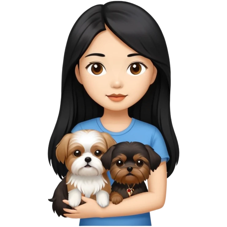 A beautiful Asian girl with long black hair is holding a small Yorkshire Terrier. She is standing next to her brown skinned boyfriend, who is holding a Shih Tzu. They are each holding one dog each emoji