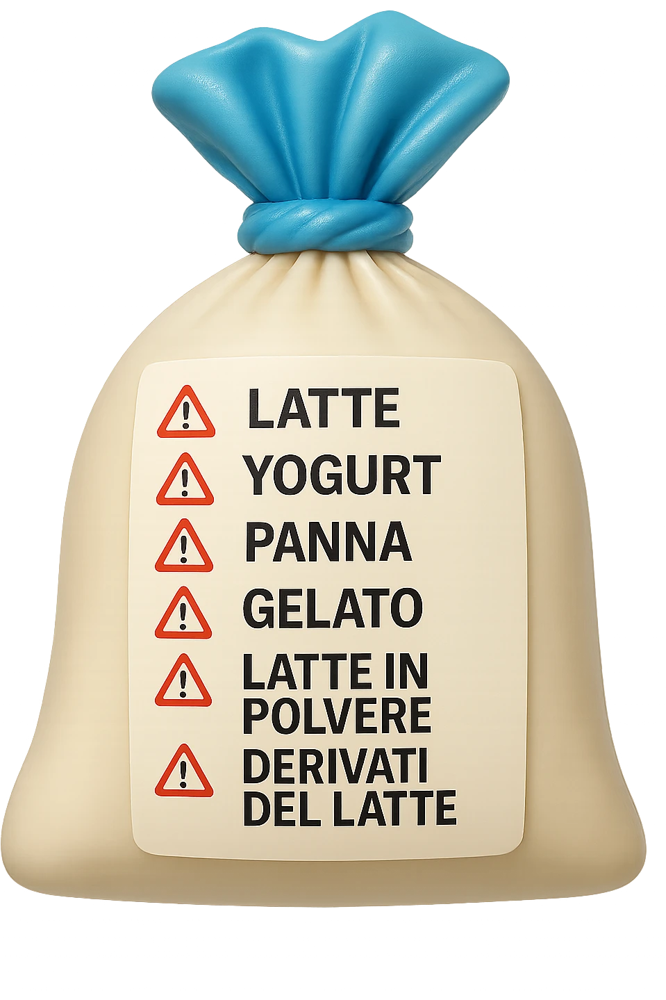 SU QUESTO STILE FAI UN EMOJI STILE IPHONE 3D DI UNa busta di mozzarelle con ETICHETTA CON GLI INGREDIENTI SCRITTI, "latte, yogurt, panna, gelato, latte in polvere, derivati del latte." accanto ad ogni nome scritto mettici un segnale di allarme, FALLO MOLTO REALISTICO IN 3D emoji