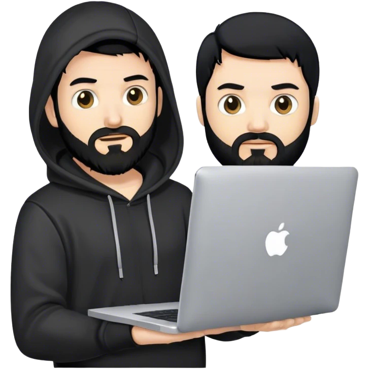 hackeur blanc cheveux noir barbe et capuche noir avec un macbook emoji