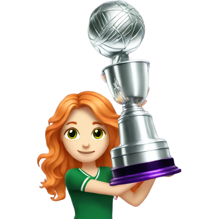 A beautiful orange haired girl with sparkly green eyes holding a purple Stanley cup emoji