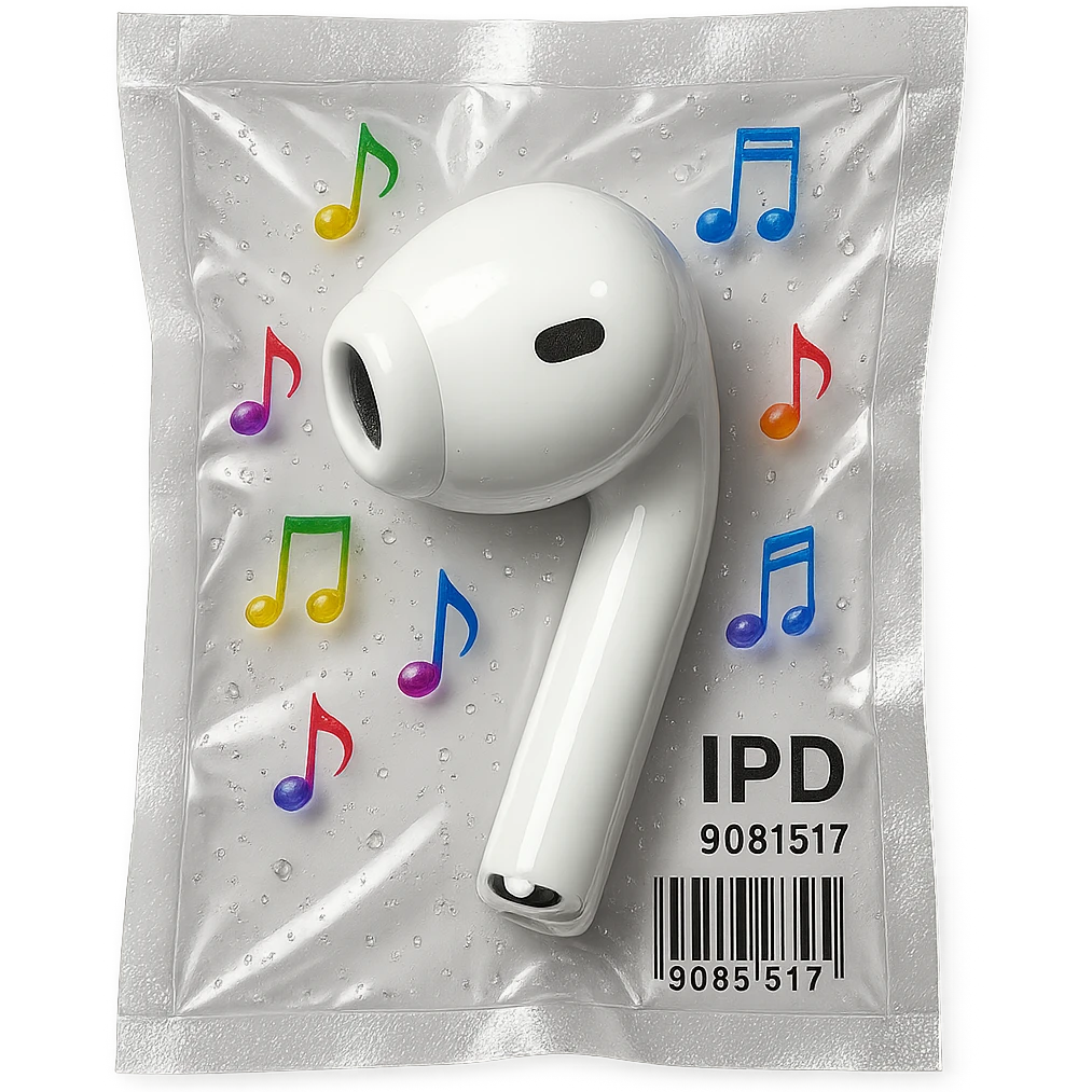 single white EarPod with scattered tiny rainbow glass music notes, glossy emoji