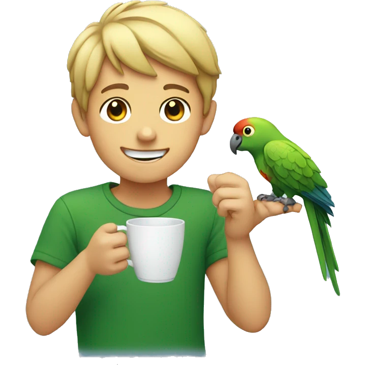 smiling boy with parrot cup with less fingers emoji