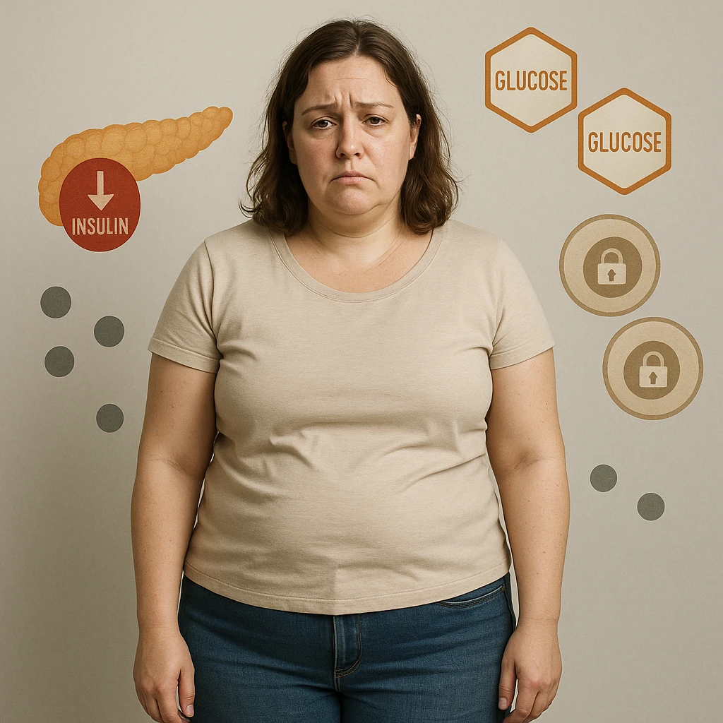 Realistic 38-year-old woman, slightly overweight, fat on abdomen and face, in a neutral environment. Expression tired and frustrated. Around: stylized pancreas with low insulin icon, glucose molecules, cells with closed padlocks. Realistic style with medical symbols. emoji
