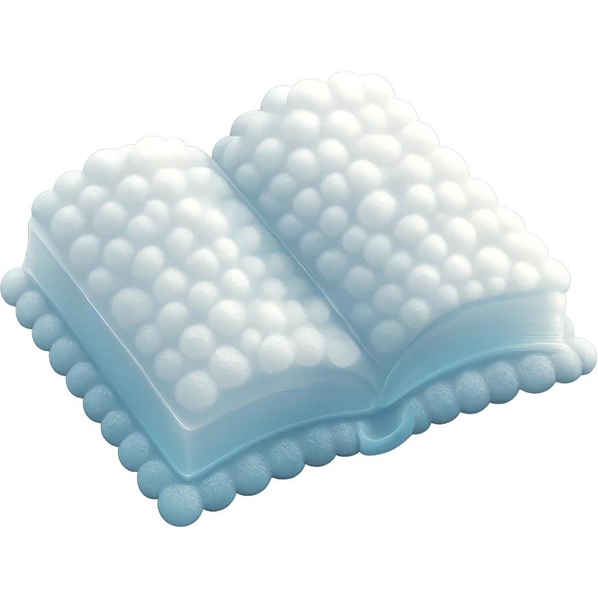 top view of a thick open book made entirely of small, very bright white fluffy convex clouds, matte glass style emoji