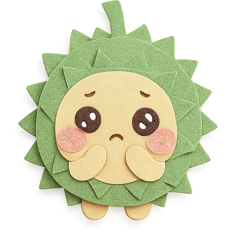 chibi style soft fluffy durian character, round, green spiky shell, yellow flesh, blushing, shy, sparkly eyes, pastel palette, full-body emoji
