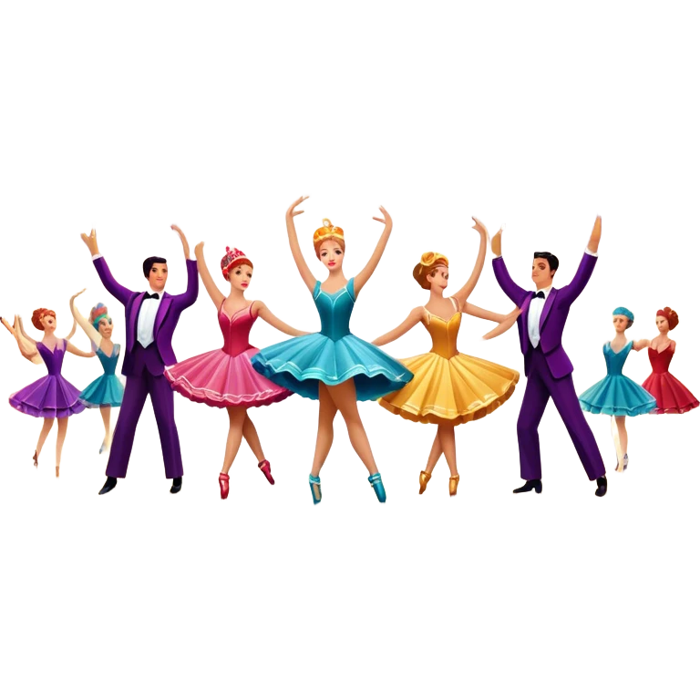 Icon for Musical Movie: A vintage movie poster-style design with a lively, colorful scene—dancers in glamorous costumes, bright lights, and musical notes floating in the air. Include elements like a grand stage, a spotlight, and instruments. Retro cinematic feel. Transparent background. emoji